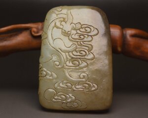 ◆古寳堂◆清 和田玉製 細密彫 龍牌 根付 裝身具 極細工 古置物 古擺件 中国古美術 時代物 古董品