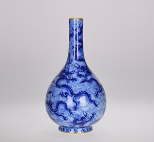 ◆古寳堂◆清 雍正年製款 青花 描金 海水龍紋 膽瓶 古陶瓷品 極細工 古置物 古擺件 中国古美術 時代物 古董品