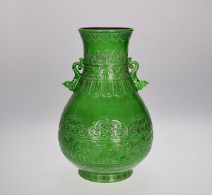 ◆古寳堂◆清 乾隆年製款 綠釉 鳳紋 雙耳瓶 古陶瓷品 極細工 古置物 古擺件 中国古美術 時代物 古董品