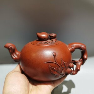 ◆古寳堂◆近現代 紫砂壺 寿桃壺 汪寅仙 紅泥 茶具 茶道品 極細工 古置物 古擺件 中国古美術 時代物 古董品