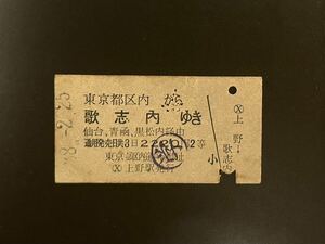 硬券　国鉄　東京都区内から歌志内ゆき　上野駅発行　切符