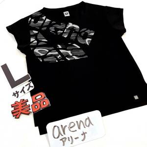 d4 送料込★arena アリーナ★吸水速乾ドライ生地 ロゴデザイン ストレッチ 半袖Tシャツ★レディース M～Lサイズ ブラック黒 スポーツ 水泳