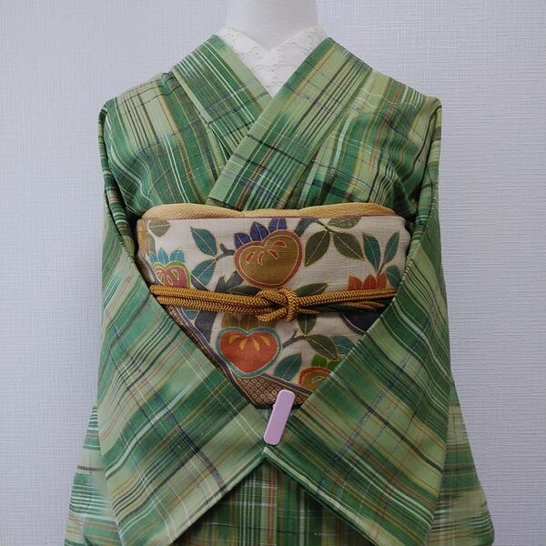 緑系　格子模様　絣風・紬風・織り柄　ウール　単衣着物