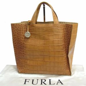 ☆FURLA フルラ クロコ型押し レザーハンドバッグ レザートートバッグ イタリア製 本革 レディース 鞄 1円スタートの画像1