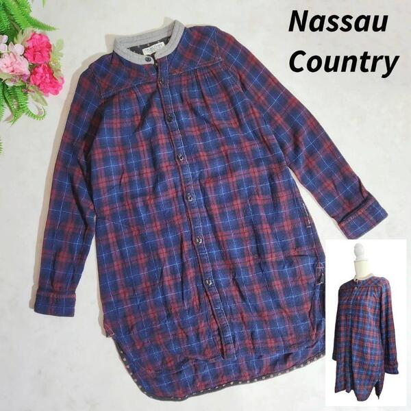 ジーンナッソーズ・縮絨ウール・ロング丈シャツ・バンドカラー Nassau Country チェック柄 ネルシャツ ネイビー&黒&赤&水色 8769