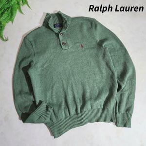 Ralph Lauren ロゴ刺繍・ハイネック・コットンニット 表記サイズM 柔らかな色味の緑グリーン ハーフボタン 82772・