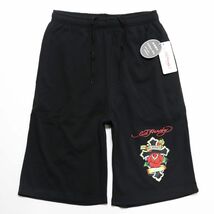 ★エドハーディー Edhardy 新品 快適 バラ 十字架 スウェット ハーフパンツ ショーツ 黒 Lサイズ [ED2122BBLK1N-L] 一 四 弐★QWER_画像1