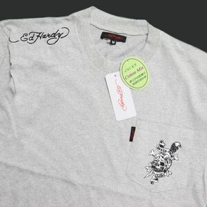 ●送料390円可能商品 エドハーディー Edhardy 新品 快適 ドクロ 胸ポケット 半袖 Tシャツ 灰 Lサイズ [ED2726BGRY1N-L] 一 三 弐★QWER