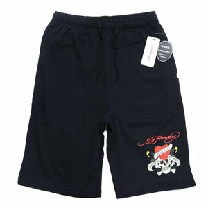 ★エドハーディー Edhardy 新品 快適 ハート ドクロ スウェット ハーフパンツ ショーツ 黒 Lサイズ[ED2122ABLK1N-L]一 四 弐★QWER