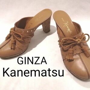 GINZA Kanematsu 銀座かねまつ レザー サンダル 23.5cm キャメル タッセル スエード 紐 リボン