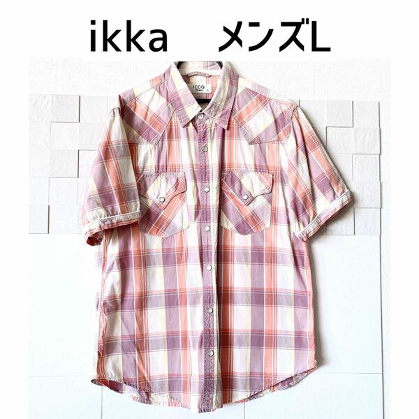 ikka メンズ L チェック 半袖 シャツ 