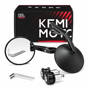 kemimoto バーエンドミラー　 オートバイミラー　バイク用 ミラー　 CNC加工 汎用ミラー ブラック 左右セット　車検対応　凸面鏡 （丸