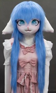 着ぐるみヘッド 猫 垂れ耳 ブルー 全頭ヘッド ケモノ マスク ファースーツ ぬいぐるみ コスプレ コスチューム