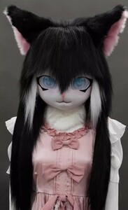 着ぐるみヘッド 猫 黒と白 全頭ヘッド ケモノ マスク ファースーツ ぬいぐるみ コスプレ コスチューム