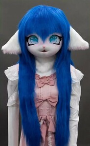 着ぐるみヘッド 猫 垂れ耳 ダークブルー 全頭ヘッド ケモノ マスク ファースーツ ぬいぐるみ コスプレ コスチューム