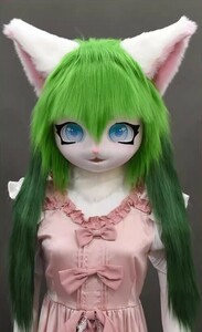 着ぐるみヘッド 猫 ダークグリーン 全頭ヘッド ケモノ マスク ファースーツ ぬいぐるみ コスプレ コスチューム