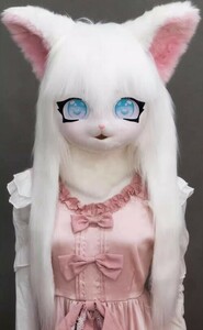 着ぐるみヘッド 猫 白 口開け 全頭ヘッド ケモノ マスク ファースーツ ぬいぐるみ コスプレ コスチューム