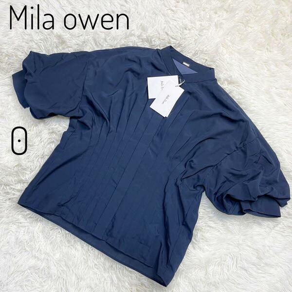 【タグ付き】Milaowen タックデザインボリュームスリーブブラウス　紺色