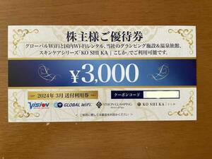 ☆　ビジョンVision 株主優待券３０００円分　グローバルWiFi　グランピング　こしか　☆通知のみ♪