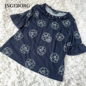 INGEBORG インゲボルグ カメリア シャツ カットソー フリル 半袖 総柄 ネイビー L