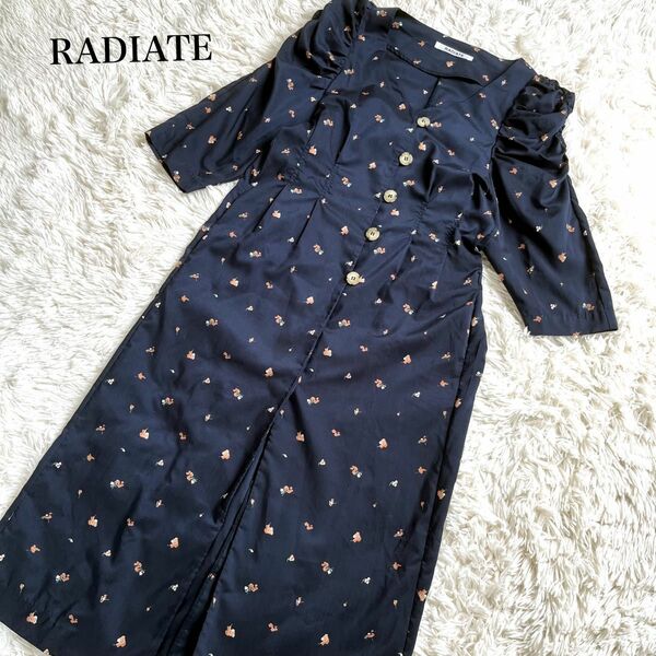 RADIATE ロングワンピース 花柄 総柄 Vネック 七分袖 ネイビー M