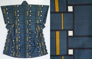 [KIRUKIRU] antique .. kimono length 154cm silk Taisho romance blue series × mustard manishu. geometrical pattern retro Japanese clothes dressing 