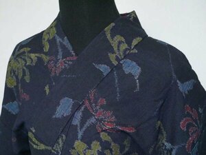 [KIRUKIRU] маленький тысяч . эпонж кимоно длина 158cm натуральный шелк одиночный . темно-синий земля .. цветочный принт retro симпатичный японский костюм одевание . одежда 
