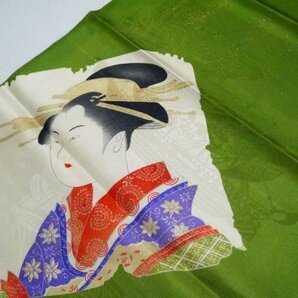 【KIRUKIRU】アンティーク 羽裏の解き 正絹 歌舞伎役者 浮世絵 江戸人物 帆船の地模様 緑 レトロ 着物 古布 古裂 生地 材料 リメイクの画像6