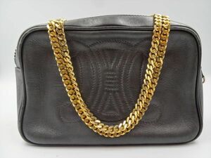 16963Ch CELINE セリーヌ トリオンフ チェーンショルダーバッグ レザー ブラック ゴールド W19×H12×D7cm