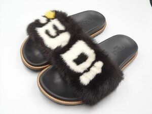 16743Ag FENDI フェンディ スライド ミンクファー ロゴ フラットサンダル メンズ 底面28cm（26.5cm相当）