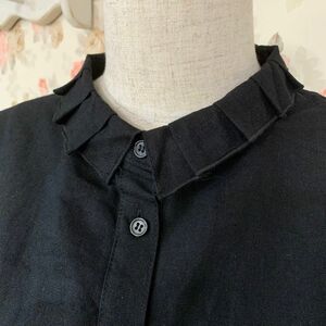 新品 【new】麻55% 綿45% 秋春 しっかり生地 良質 ブラウス シャツ チュニック えりタック ブラック