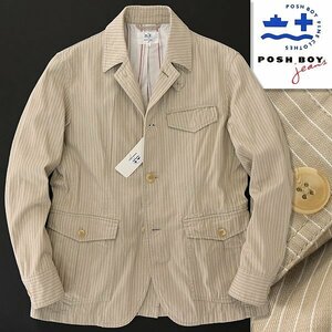 新品 ポッシュボーイ 春夏 ストライプ ドライビング ジャケット M ベージュ 【TJF101_720】 メンズ POSH BOY コットン ストレッチ 洗濯可