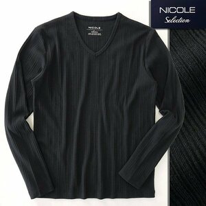 新品 ニコル ランダム テレコ Vネック 長袖 カットソー 48(L) 黒 【I58079】 NICOLE Selection 春夏 Tシャツ ロンT リブ コットン