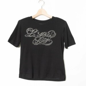 伊太利屋 イタリヤ ラインストーン Tシャツ 半袖 トップス 肩パッド付き 7 綿100% コットン ブラック 黒 綺麗め カジュアル 春夏