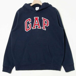 GAP ギャップ サイズL プルオーバー パーカー フーディ ロゴワッペン 裏起毛 紺/ネイビー コットン混 ユニセックス カジュアル 古着