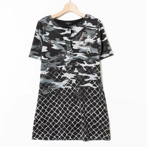 VALENZA baren The camouflage pattern tunic short sleeves rhinestone attaching tops 40 polyester 100% black black casual woman clothes spring summer 