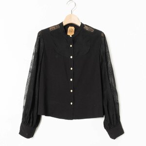 Tnewtiestuen tea z see-through embro Ida Lee blouse floral print embroidery tops long sleeve thin sia-S rayon black black retro spring summer 