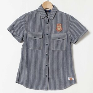 メール便◯ Dickies ディッキーズ MEDIUM 半袖シャツ ストライプ デニム ワークシャツ アメカジ感 カジュアル ブルー ワッペン ダンガリー