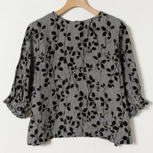 ELLIFEelife woman lady's leaf pattern check blouse flax 100%linenFREE free laundry possibility easy black × white largish rear button 