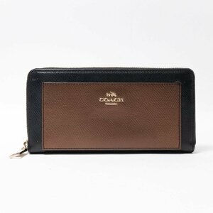 【1円スタート】COACH コーチ F52756 バイカラー ラウンドファスナー長財布 メタリックレザー ブロンズ ブラック コイン収納 カード収納