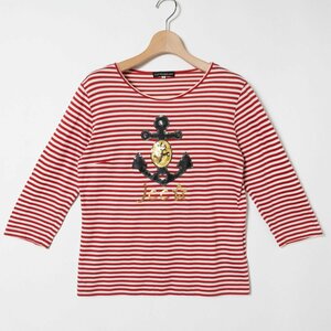 メール便○ CASTELBAJAC カステルバジャック ボーダーロンT 7分袖Tシャツ レッド ホワイト 赤 白 2 綿 リヨセル マリン スパンコール刺繍