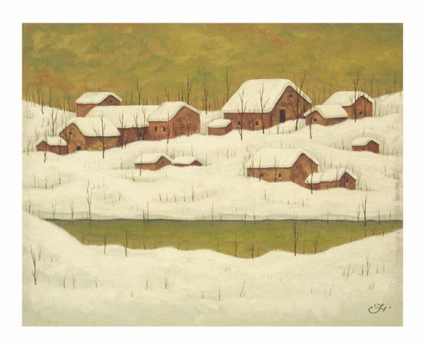 Ryonosuke Fukui Winter Village / Oil on canvas No. 3 / Popular snowy landscape design / Master: Shigeyuki Shimano / 2023 Art Yearbook Western Paintings section: 1.3 million yen / Authenticity guaranteed / ENCHANTE, painting, oil painting, Nature, Landscape painting