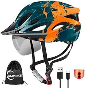 LAMONKE 自転車 ヘルメット 大人用 LEDライト 磁気ゴーグル サンバイザー付き 18通気ホール 高通気性 サイクリングヘ