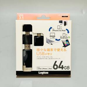 甲HG006 新品未開封品 保管品 ロジテック Logitec USBメモリー LMF-LGU3A064GBK 64GB Android/ iPhone/iPad/iPod/PC対応可能の画像1