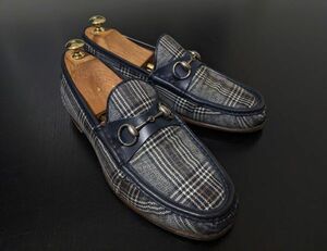 美品 グッチ 9 GUCCI ホースビット タータンチェック ソフトドレスローファー スリッポン 8464