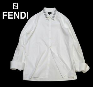 国内正規品 FENDI FS0896 襟ロゴ コットン長袖ドレスシャツ フェンディ LOGO COTTON L/S SHIRT ダイアゴナル ズッカ FF ホワイト 39 JK-5