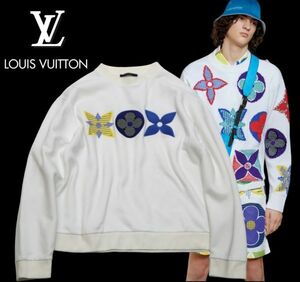 国内正規品 Louis Vuitton フラワー モノグラム エンブロイダリー クルーネック スウェット ルイヴィトン 刺ロゴ SWEAT ホワイトXL JK-23