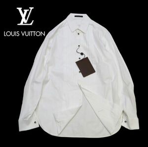  unused Louis Vuitton cuffs button front pleat cotton long sleeve shirt Louis Vuitton dress tuxedo LV Logo button white XS FM-18