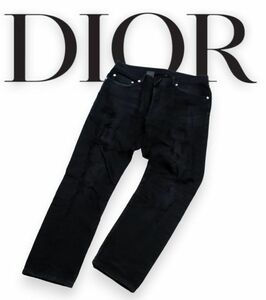 14AW Dior HOMME 433D007T003X ダメージリペア加工ストレッチデニムパンツ ディオールオム ストレッチジーンズ デストロイ ブラック31 JZ-4