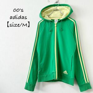 美品★00s★adidas/アディダス★ジップパーカー★薄手スウェット★ライトグリーン×イエロー★黄緑×黄★M